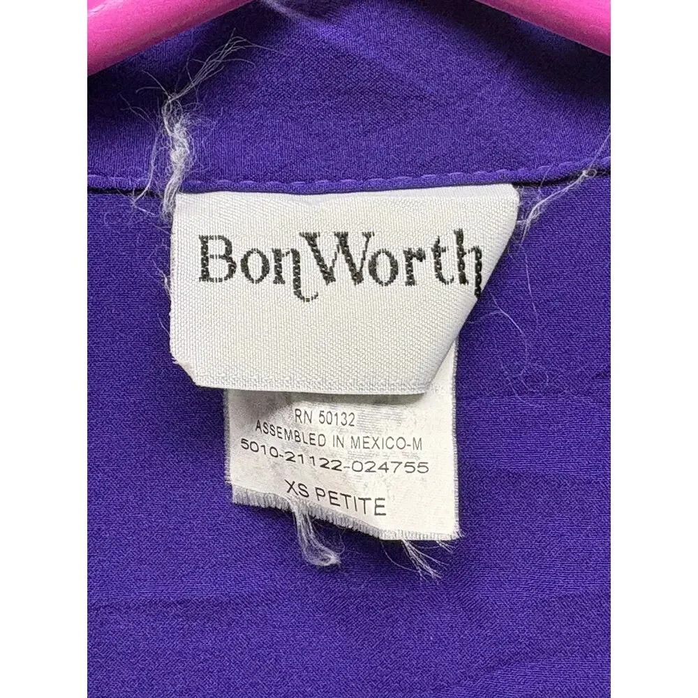 BonWorth Blouse Vintage Purple Size XS Oversized Measures M Petite Short Sleeve - Picture 3 of 4